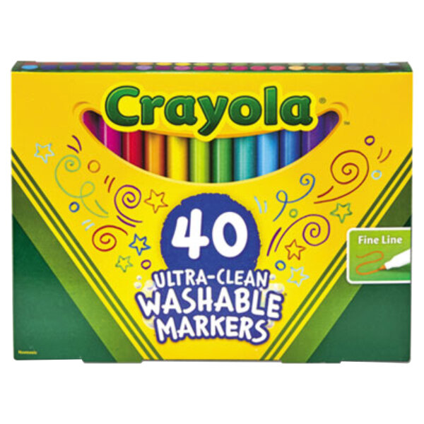 A box of Crayola Ultra-Clean Washable Markers with a yellow label.