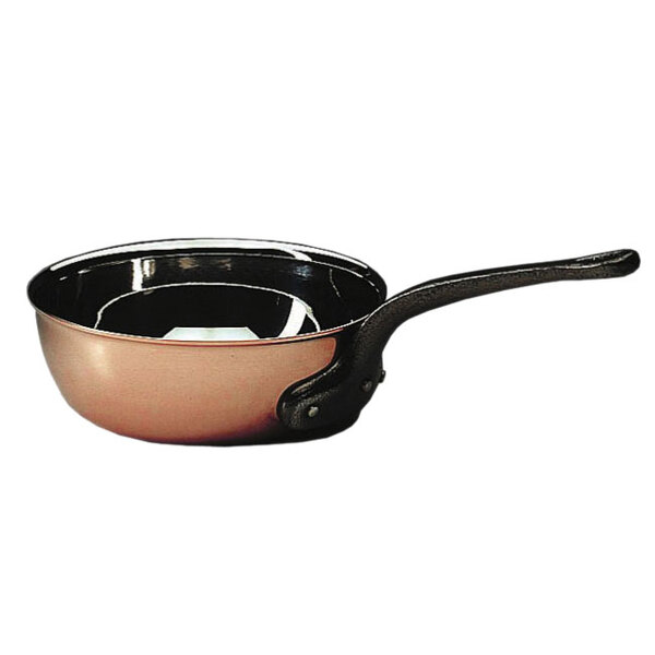 A Matfer Bourgeat copper saucier pan with a long handle and a lid.