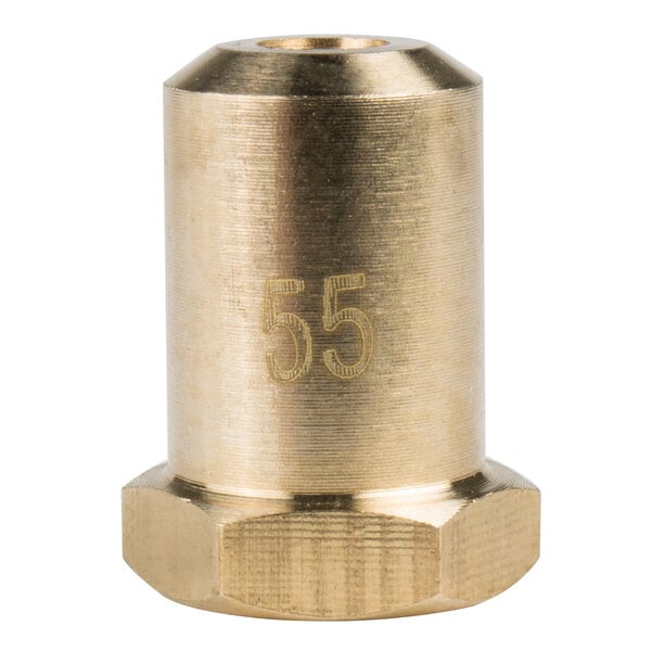 A gold metal cylinder with a brass hexagon nut and the number 55 on it.