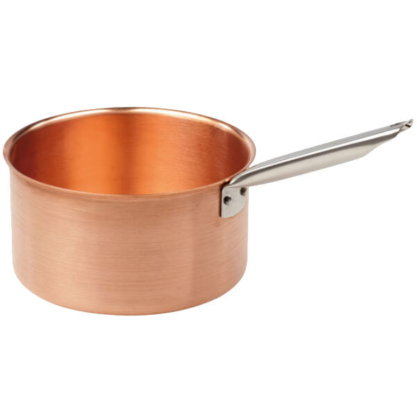 A Matfer Bourgeat copper saucepan with a stainless steel handle.