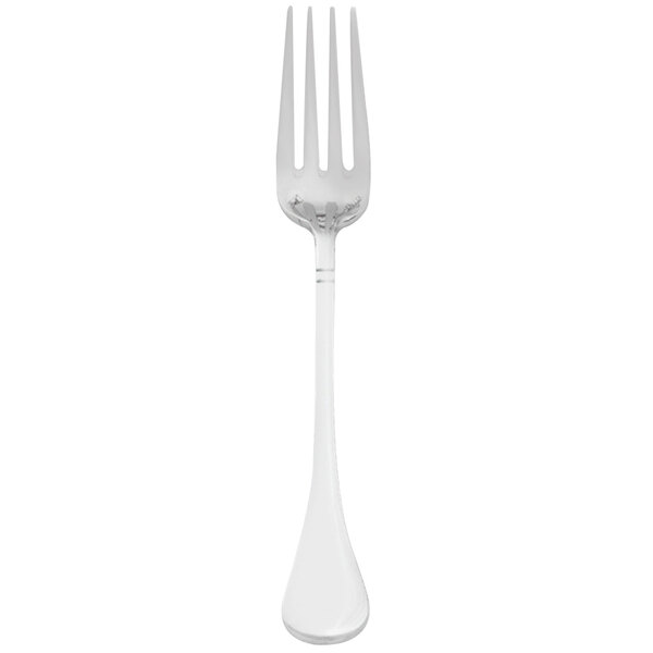 A silver Walco European table fork with a white background.