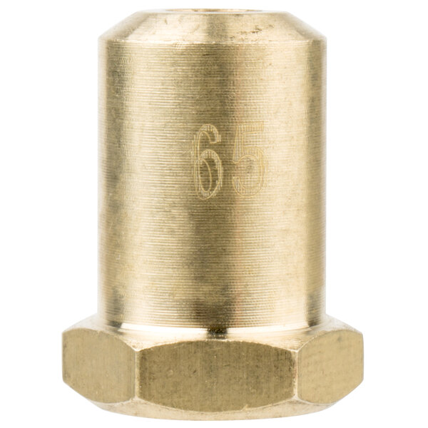 A close-up of a brass circular #65 hood orifice with a threaded surface.