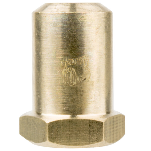 A close-up of a gold hexagonal brass nut with a threaded cylinder inside.