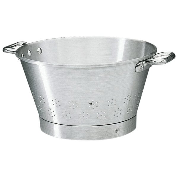 A silver aluminum Matfer Bourgeat conical colander with holes.