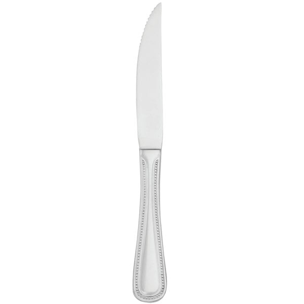 A silver knife with a classic solid handle.