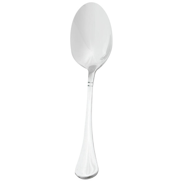 A Walco stainless steel dessert spoon with a black handle on a white background.