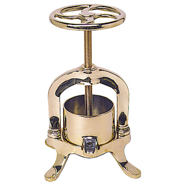 A close-up of a Matfer Bourgeat brass metal press with a handle.
