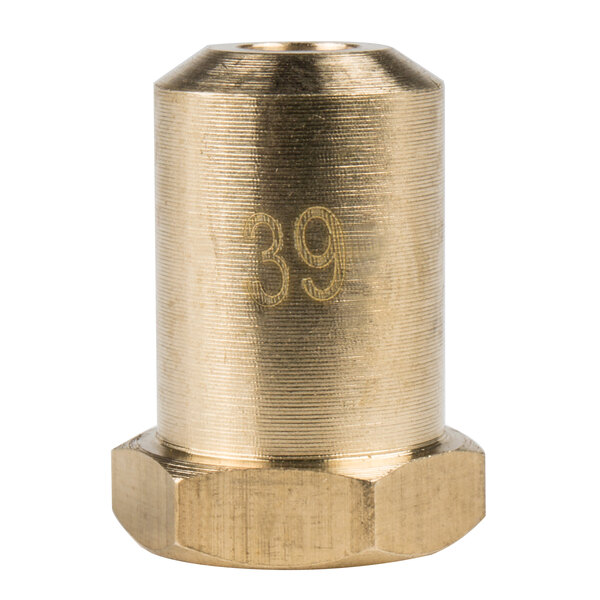 A gold metal cylinder with a brass hexagon shaped nut with the number 39 on it.