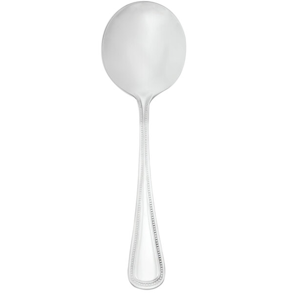 A silver Walco 18/10 stainless steel bouillon spoon with a beaded handle.