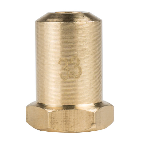 A gold metal cylinder with a hexagon-shaped nut and the number 33 on the surface.