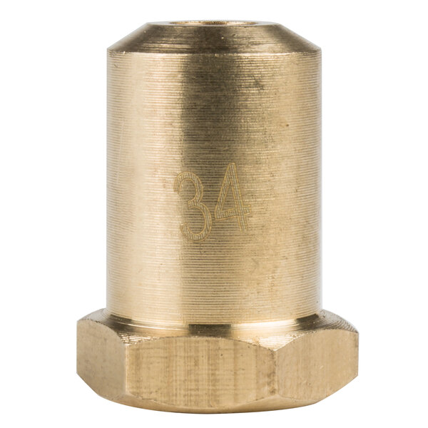 A gold metal cylinder with a hexagon-shaped nut and the number 34.