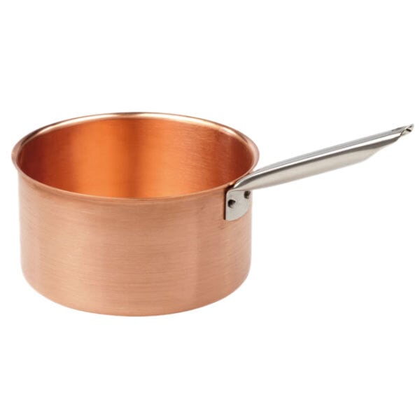 A Matfer Bourgeat copper saucepan with a stainless steel handle.