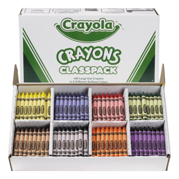 A white box of Crayola large size crayons with green text containing rows of yellow, orange, and purple crayons.