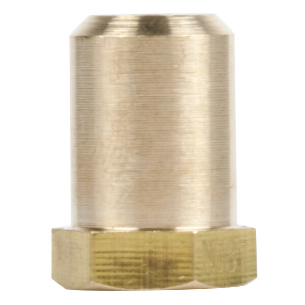 A close up of a brass threaded nut on a cylindrical object.