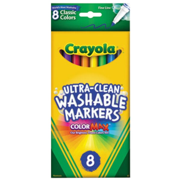 A box of Crayola Ultra-Clean Washable Markers with a blue circle and white text.