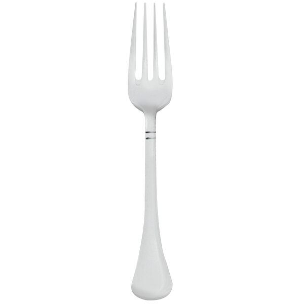 A white Walco Soho dinner fork with a silver stripe.
