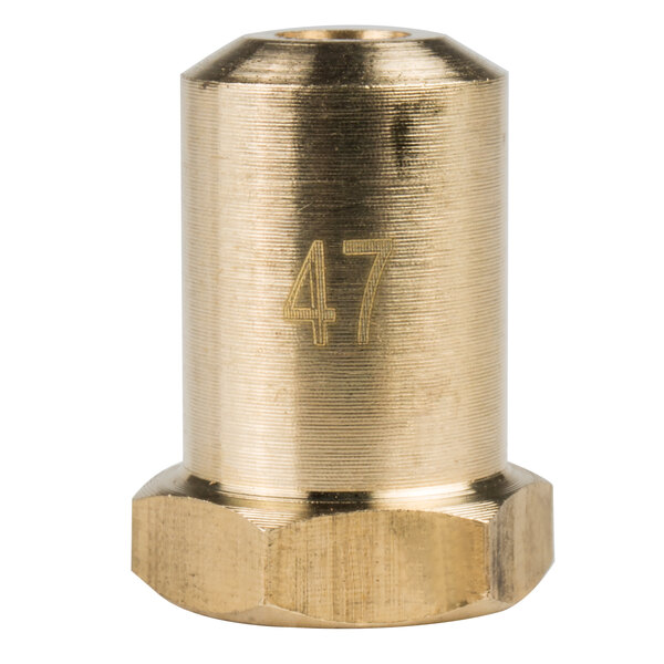 A gold metal cylinder with a brass hexagon nut and the number 47 on it.
