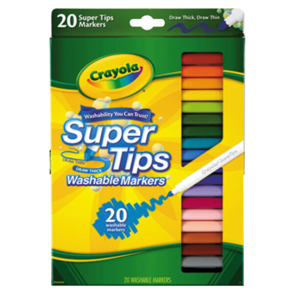 A box of Crayola Super Tips Washable Markers with a yellow and green logo.