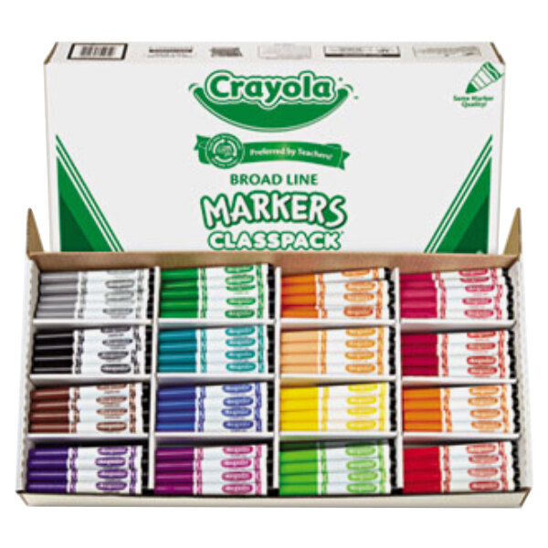 A white box of Crayola markers with green and white text and a green and white logo on the front.