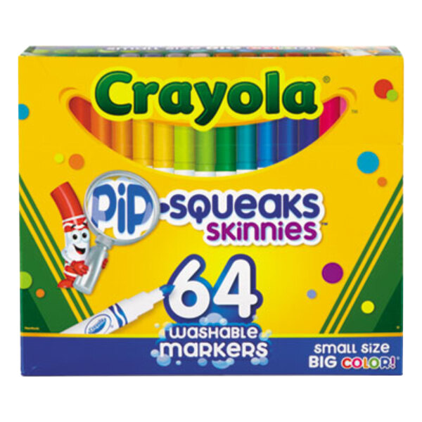 A box of Crayola Pip-Squeaks Skinnies washable markers with a green and yellow logo.