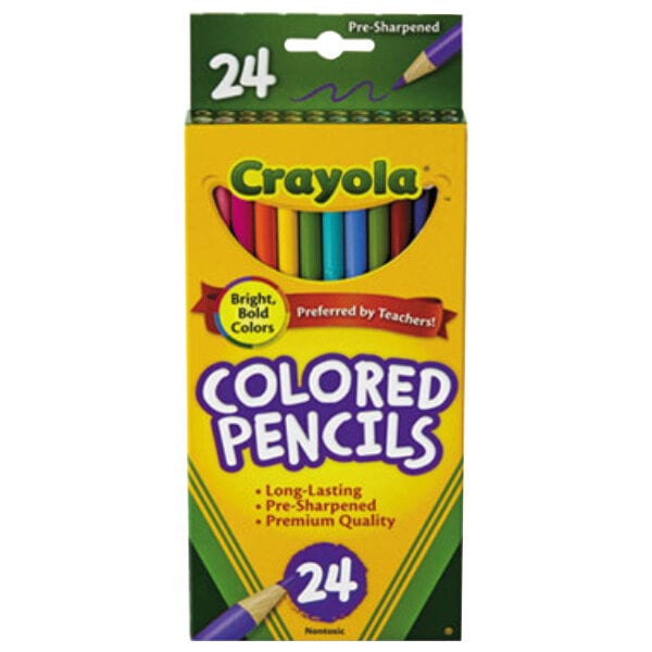 A green and white Crayola label on a box of 24 assorted colored pencils.