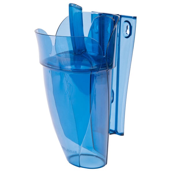 A blue plastic San Jamar ice scoop holder with a scoop inside.