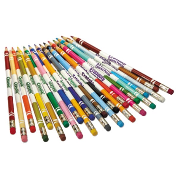 A group of Crayola erasable colored pencils lined up on a white surface.