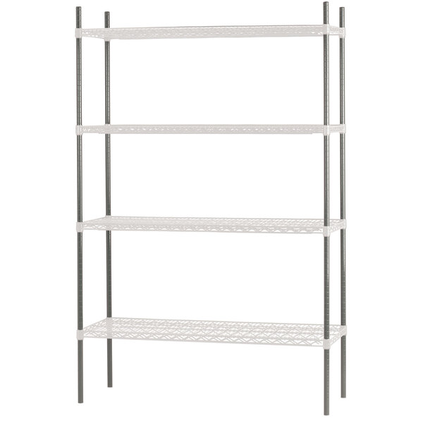 A white metal shelving unit with four shelves and metal rods.