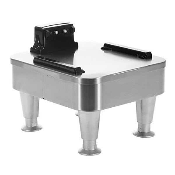 A silver and black rectangular stainless steel docking stand with legs.