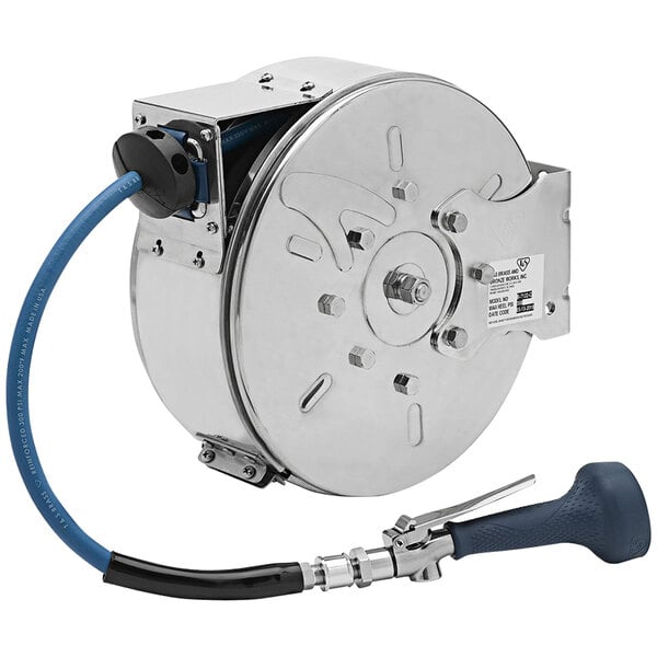 A silver T&S hose reel with a blue and black hose.