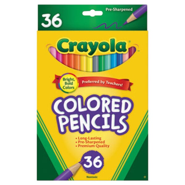 A yellow and white box of Crayola 36 colored pencils.