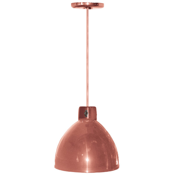 A Hanson Heat Lamps copper ceiling mount heat lamp with a bright copper finish.
