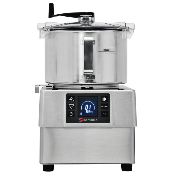 A silver Sammic commercial food processor with a digital display and buttons.