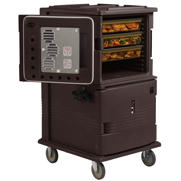 A dark brown Cambro Ultra Camcart holding hot food in a food container.