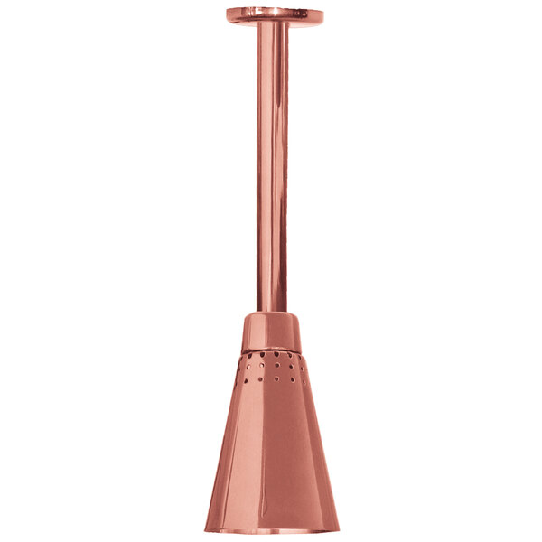 A Hanson Heat Lamps rigid ceiling mount heat lamp with a bright copper finish.