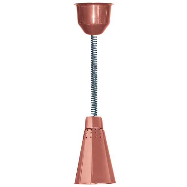 A Hanson bright copper ceiling mount heat lamp with a retractable cord.