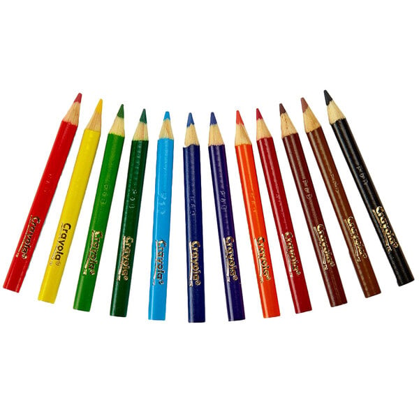 A group of Crayola colored pencils in a row.