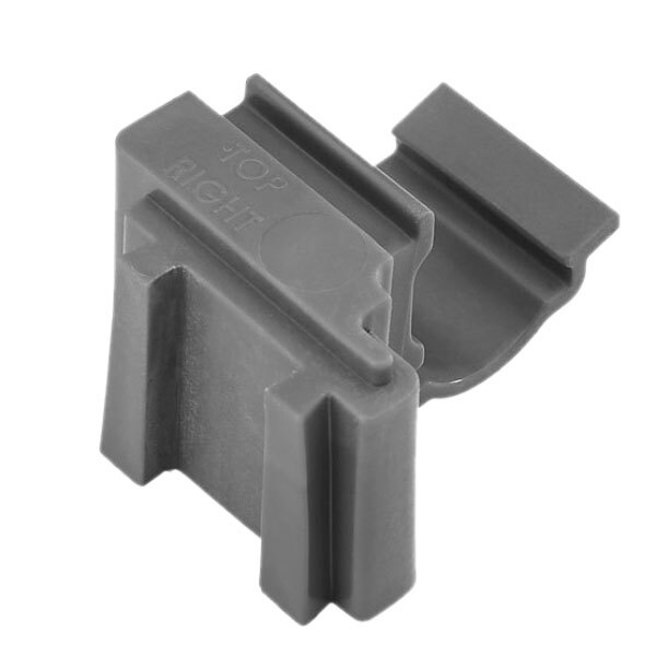 A grey plastic Cambro Camshelving® Basics Plus right corner connector.