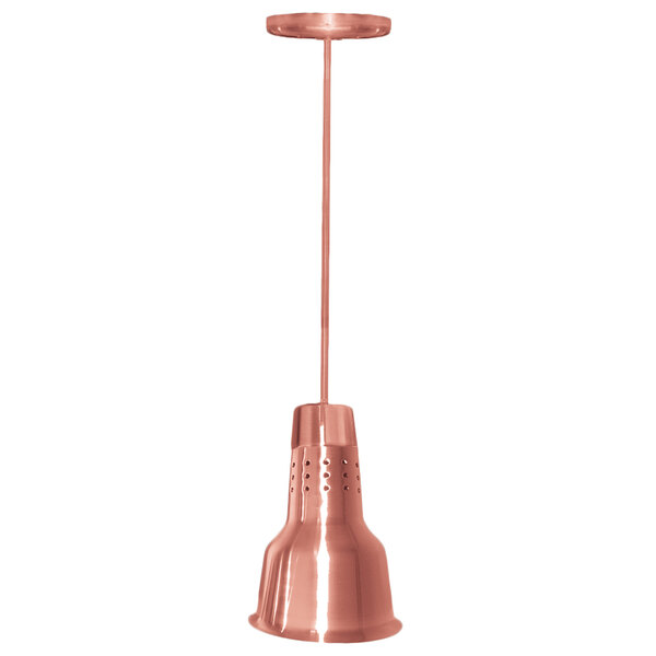 A close-up of a copper colored Hanson Heat Lamp with a white background.