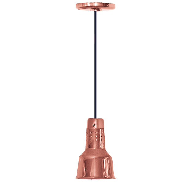 A Hanson Heat Lamps bright copper ceiling mount heat lamp.