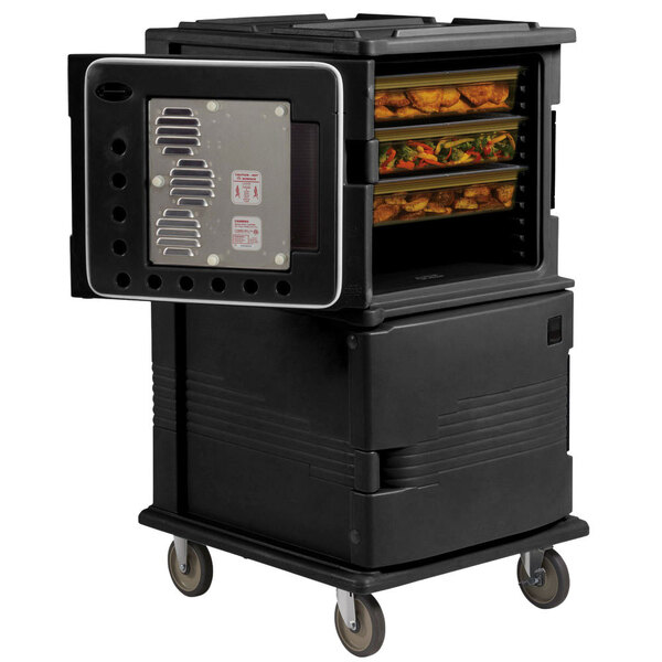 A black Cambro Ultra Camcart with food inside.