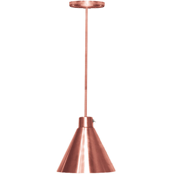 A Hanson copper ceiling mount heat lamp with a copper cone.