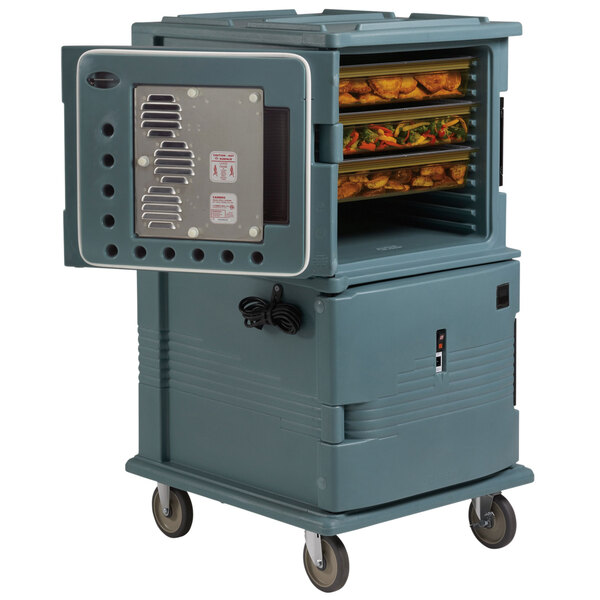 A large grey Cambro Ultra Camcart with food inside.