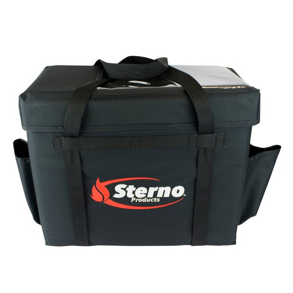 A black Sterno insulated food delivery bag with a logo.