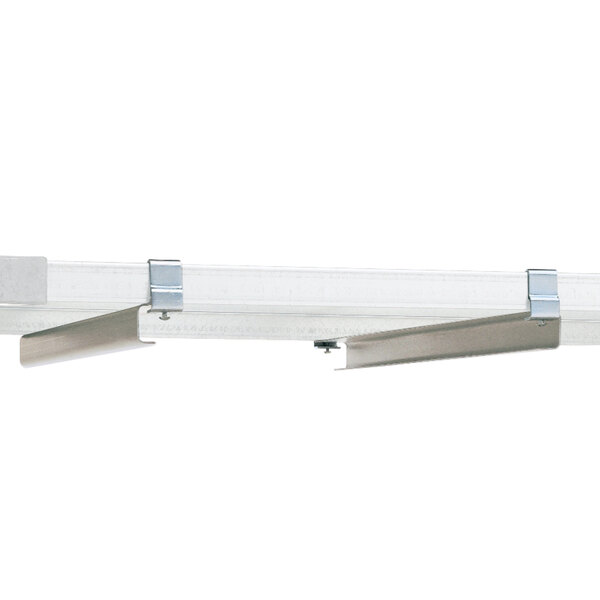 A white rectangular Metro undershelf slide with metal clips.