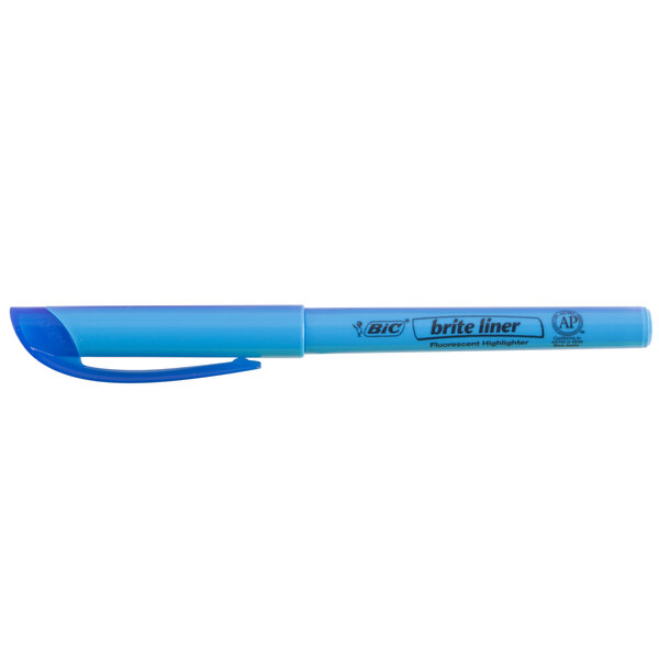 A blue Bic Brite Liner highlighter pen in a blue plastic tube with a black logo.