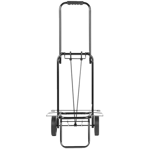 A black metal hand truck with wheels.