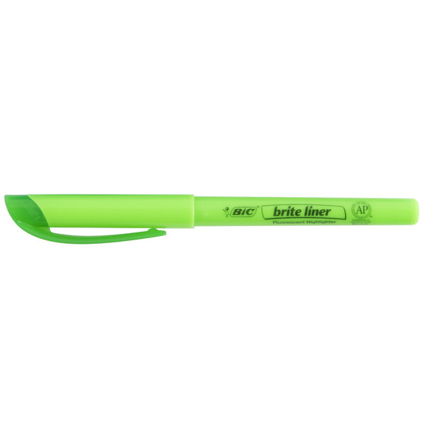 A Bic Brite Liner green highlighter pen with a green tip.