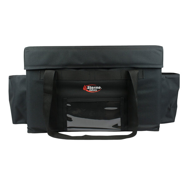 A black Sterno Delivery Deluxe insulated food carrier bag with a black handle.