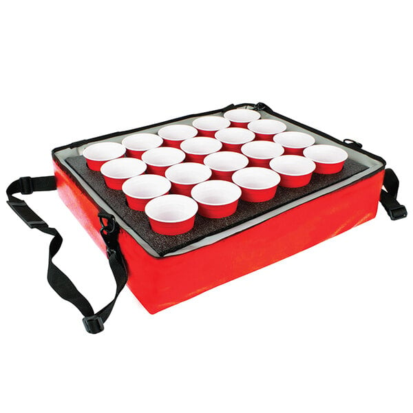 A red Sterno insulated drink carrier with cup inserts holding red and white cups.